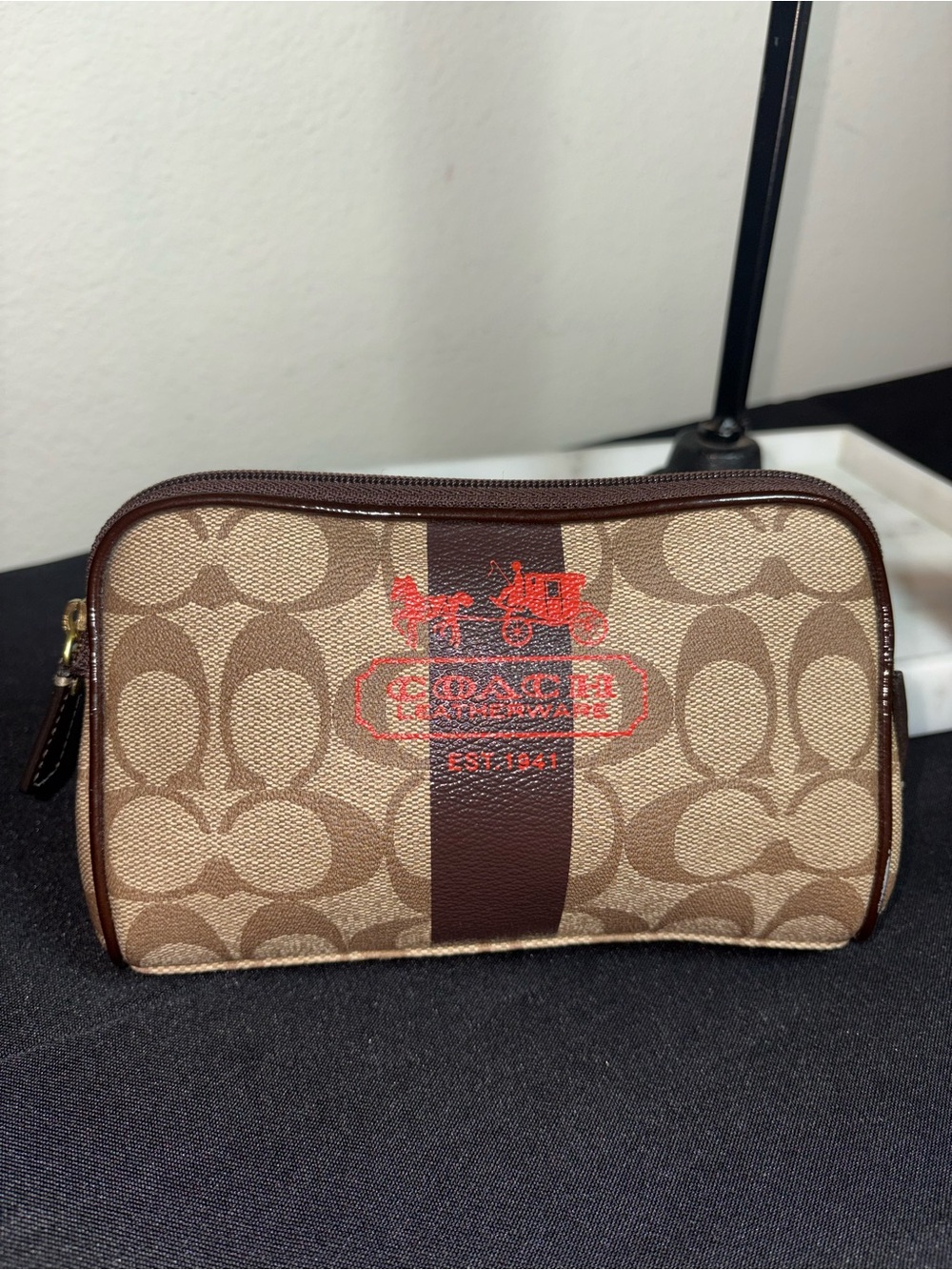Coach Signature Canvas Toiletry Case with Dark Brown Stripe Tattersall Interior